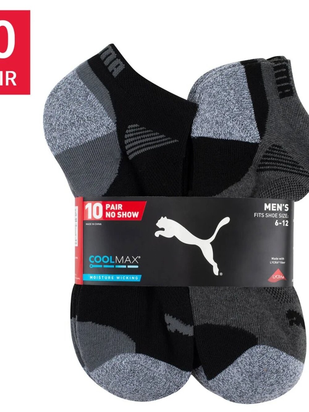Puma Men's No Show Low Cut Socks, 10 Pair Black Size 6-12, NWT